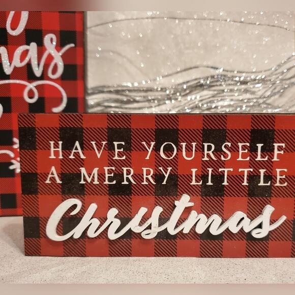 Buffalo Plaid Bundle of 3 Christmas Holiday Wooden Shelf Sitter sign Decor - Picture 3 of 4
